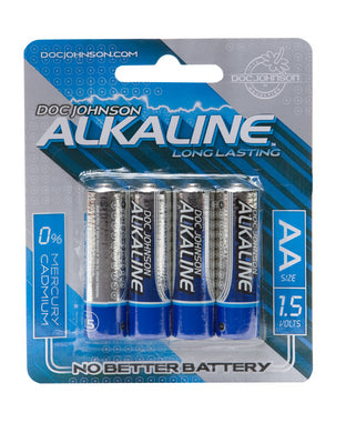 Pack of four Doc Johnson AA alkaline batteries with blue and silver design, long-lasting power, mercury and cadmium free.