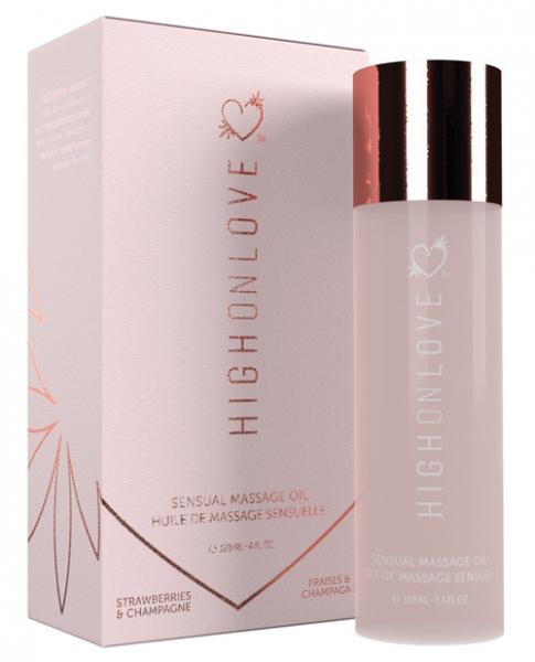 High On Love Sensual Massage Oil 4oz bottle with matching pink and rose gold packaging, strawberries and champagne scent.