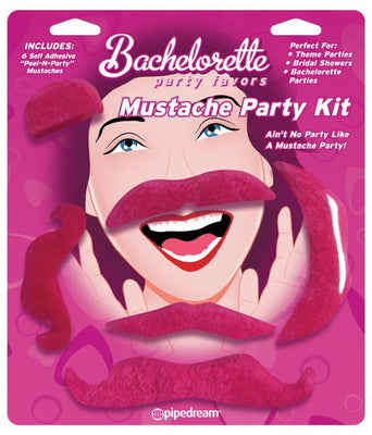 Pink self-adhesive mustache party kit with six styles for bachelorette and theme parties.
