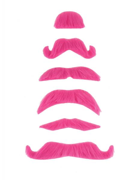 Set of six bright pink adhesive party mustaches in various styles for fun celebrations and bachelorette parties.