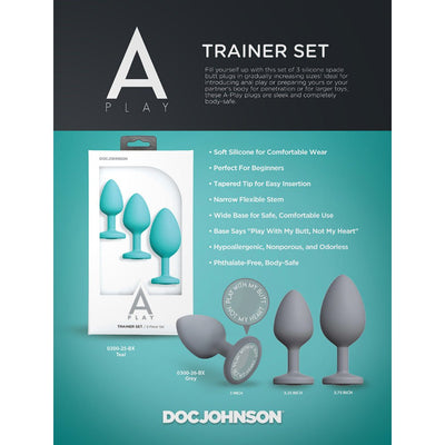 Doc Johnson A-Play Trainer Set with three silicone spade plugs in teal and grey, varying sizes for beginner comfort.