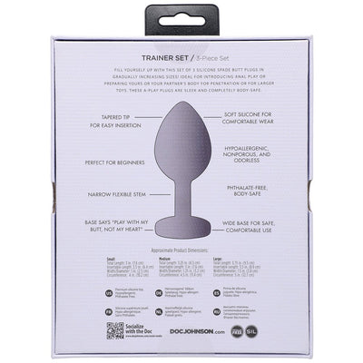 Back packaging of Doc Johnson A-Play Silicone Trainer Set showing product features and dimensions for three sizes.