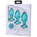 Doc Johnson A-Play 3-piece silicone trainer set with three blue tapered butt plugs in small, medium, and large sizes in white packaging.