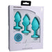 Doc Johnson A-Play 3-piece silicone trainer set with three blue tapered butt plugs in small, medium, and large sizes in white packaging.