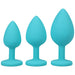 Set of three blue silicone tapered trainer plugs in small, medium, and large sizes with wide bases for safe use.