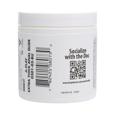White 4.5 oz jar of A Play Extra Thick Anal Glide with barcode and QR code on label