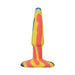 Multi-colored A-play Groovy silicone anal plug with tapered tip and wide base in yellow, pink, and blue swirl design.
