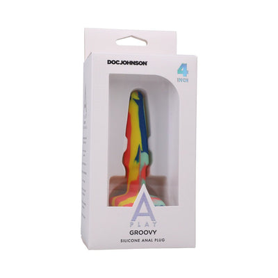 A-play Groovy multi-colored silicone anal plug in white retail packaging with clear window showing the product inside.