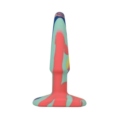 Multi-colored A-play Groovy silicone anal plug with tapered tip and wide base in vibrant yellow, blue, and coral hues.