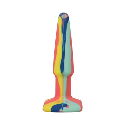 Multi-colored silicone anal plug with tapered tip and wide base in yellow, blue, red, and light green hues.