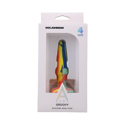 A-play Groovy multi-colored silicone anal plug in yellow, blue, and red, displayed in white retail packaging.