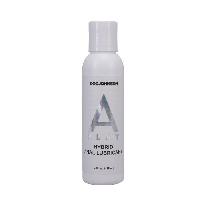 4 oz white bottle of Doc Johnson A Play Hybrid Anal Lubricant with silver holographic label on white background