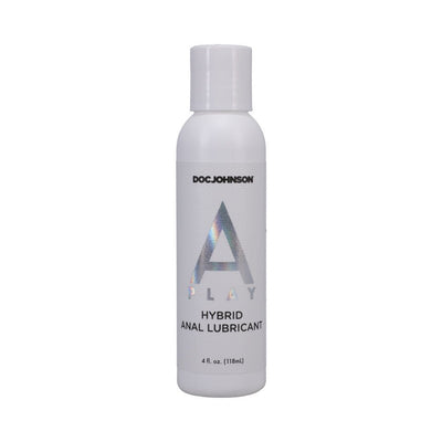 4 oz white bottle of Doc Johnson A Play Hybrid Anal Lubricant with silver holographic label on white background