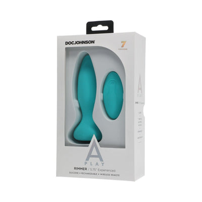 A-play Rimmer 5.75-inch silicone anal plug with wireless remote in teal, packaged in white box by Doc Johnson.