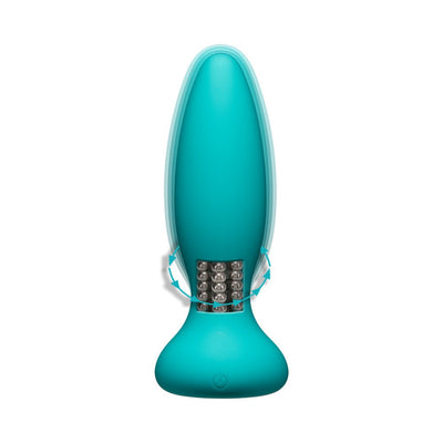 Teal silicone anal plug with rotating metal beads and vibrating base, designed for dual stimulation and remote control use.