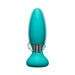 Teal silicone anal plug with rotating metal beads and vibrating base, designed for dual stimulation and remote control use.