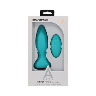 Teal silicone 5.75-inch vibrating anal plug with wireless remote in white Doc Johnson packaging.