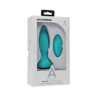 A-play Rimmer 5.75-inch silicone anal plug with wireless remote in teal, packaged in white box by Doc Johnson.