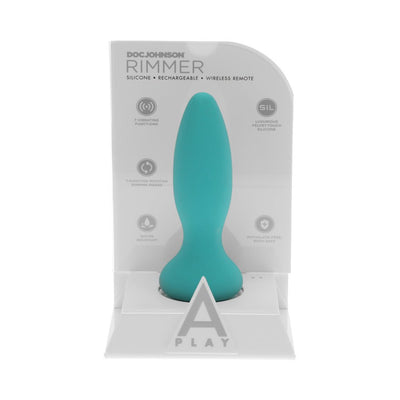Teal silicone vibrating anal plug with wireless remote in clear display packaging by A-Play.
