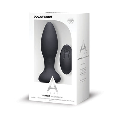 Black silicone A-play Rimmer anal plug with wireless remote in white retail packaging by Doc Johnson.