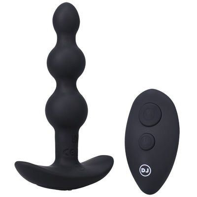Black rechargeable silicone anal plug with beaded design and matching wireless remote control.