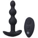 Black rechargeable silicone anal plug with beaded design and matching wireless remote control.