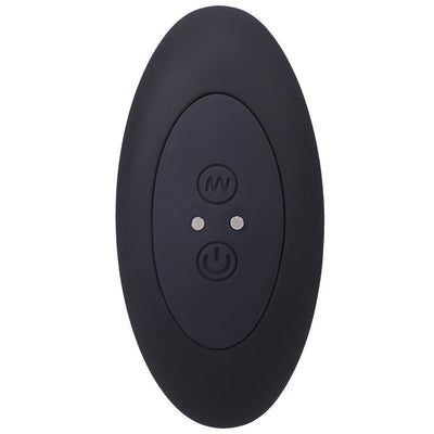 Black oval-shaped wireless remote control with power and mode buttons for a rechargeable silicone anal plug.
