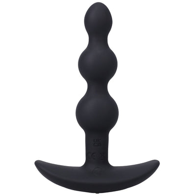 Black rechargeable silicone anal plug with three graduated beads and a curved base for secure fit.