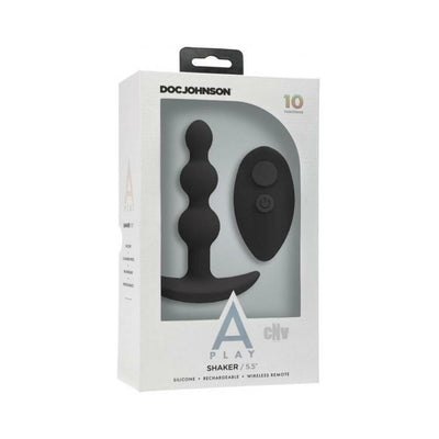 Doc Johnson A-Play Shaker black silicone rechargeable anal plug with wireless remote in white retail packaging.