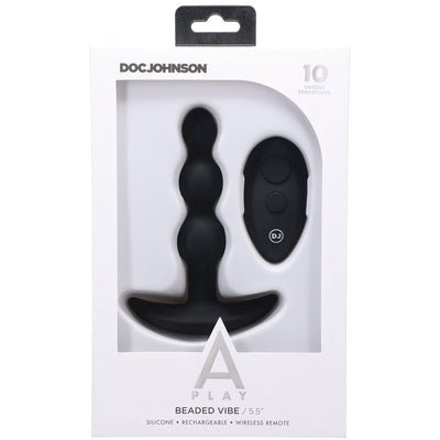 Black silicone beaded anal plug with wireless remote in white Doc Johnson A-Play packaging.