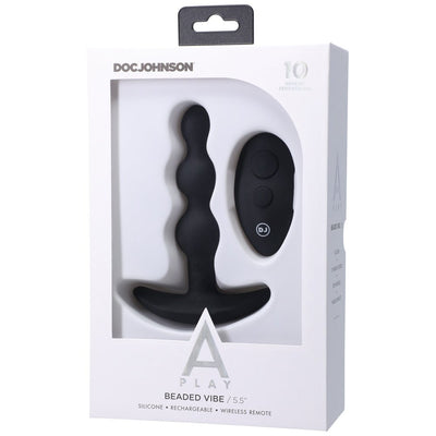 Black silicone beaded anal plug with wireless remote in white Doc Johnson A-Play packaging.