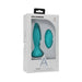 Teal silicone rechargeable anal plug with wireless remote in white Doc Johnson A-Play packaging.
