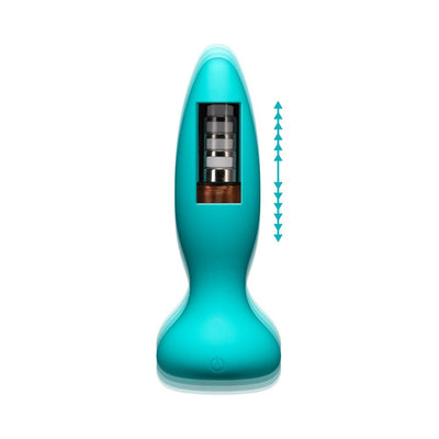Teal silicone anal plug with internal motor shown in motion, highlighting thrusting mechanism and power button.