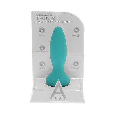 Teal silicone anal plug with wireless remote in clear display packaging by Doc Johnson A-Play line.