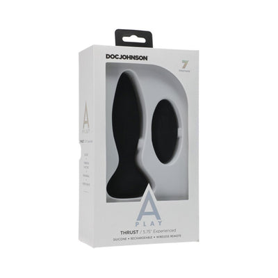 Doc Johnson A-Play Thrust rechargeable silicone anal plug with wireless remote in black packaging.