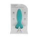 Teal silicone rechargeable anal plug with wireless remote in white branded packaging.