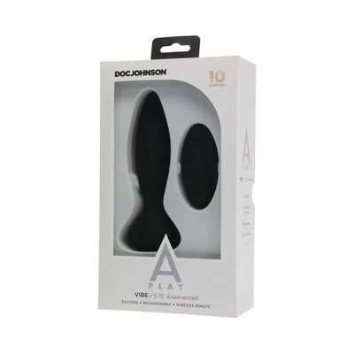 Doc Johnson A Play rechargeable silicone anal plug with wireless remote in black, packaged in white box.