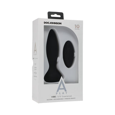 Doc Johnson A Play rechargeable silicone anal plug with wireless remote in black, displayed in white retail packaging.