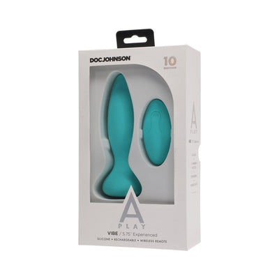 Teal silicone rechargeable anal plug with wireless remote in white Doc Johnson A Play packaging.