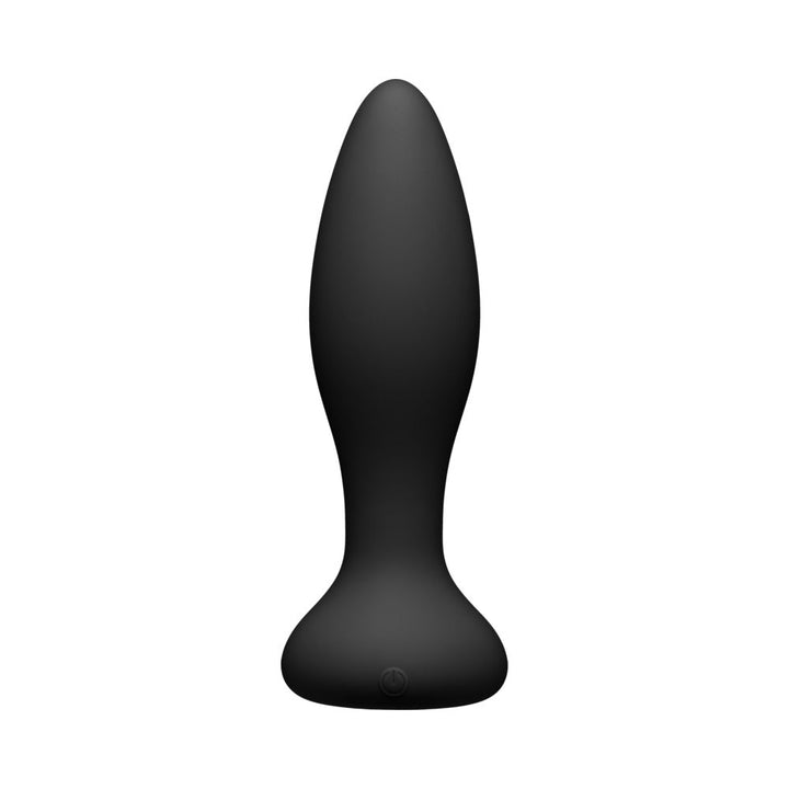 Black silicone anal plug with tapered tip and wide base, featuring a power button on the base.