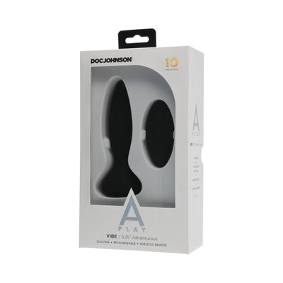 A Play rechargeable black silicone anal plug with wireless remote in white retail packaging by Doc Johnson.