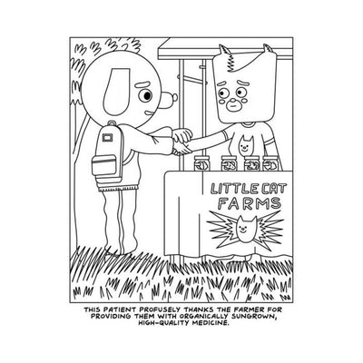 Black and white coloring book page showing two cartoon characters shaking hands at a farm stand labeled Little Cat Farms.