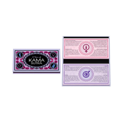 A Year of Kama Sutra tip cards set with closed box and two open cards showing sensual and intimate tips for couples.