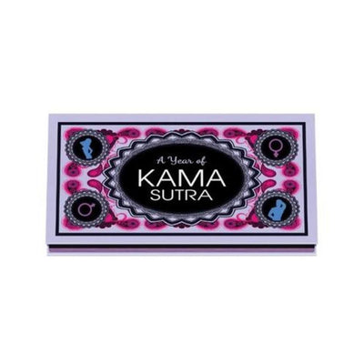 A Year of Kama Sutra tip card set box with decorative purple and pink design for couples' intimacy enhancement.