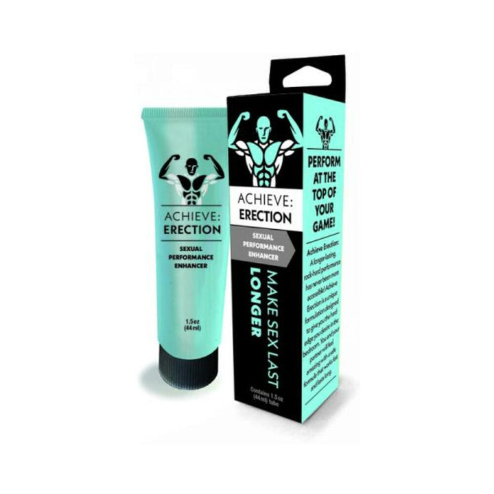 Tube and box of Achieve Erection sexual performance enhancer with turquoise and black design and muscular figure logo.