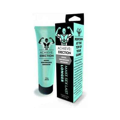 Tube and box of Achieve Erection sexual performance enhancer with turquoise and black design and muscular figure logo.