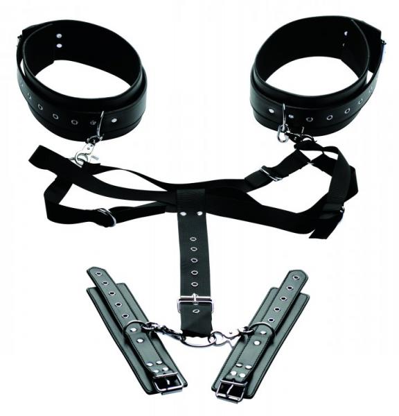 Black adjustable thigh harness with attached wrist cuffs and metal buckles for secure positioning.