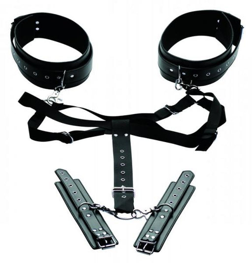 Black adjustable thigh harness with attached wrist cuffs and metal buckles for secure positioning.
