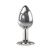 Clear polished aluminum anal plug with tapered shape and pink jewel base for beginner-friendly use and temperature play.