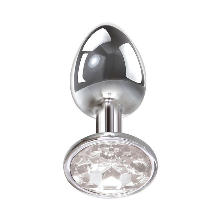 Polished aluminum anal plug with clear faceted jewel base, designed for beginner-friendly targeted stimulation.
